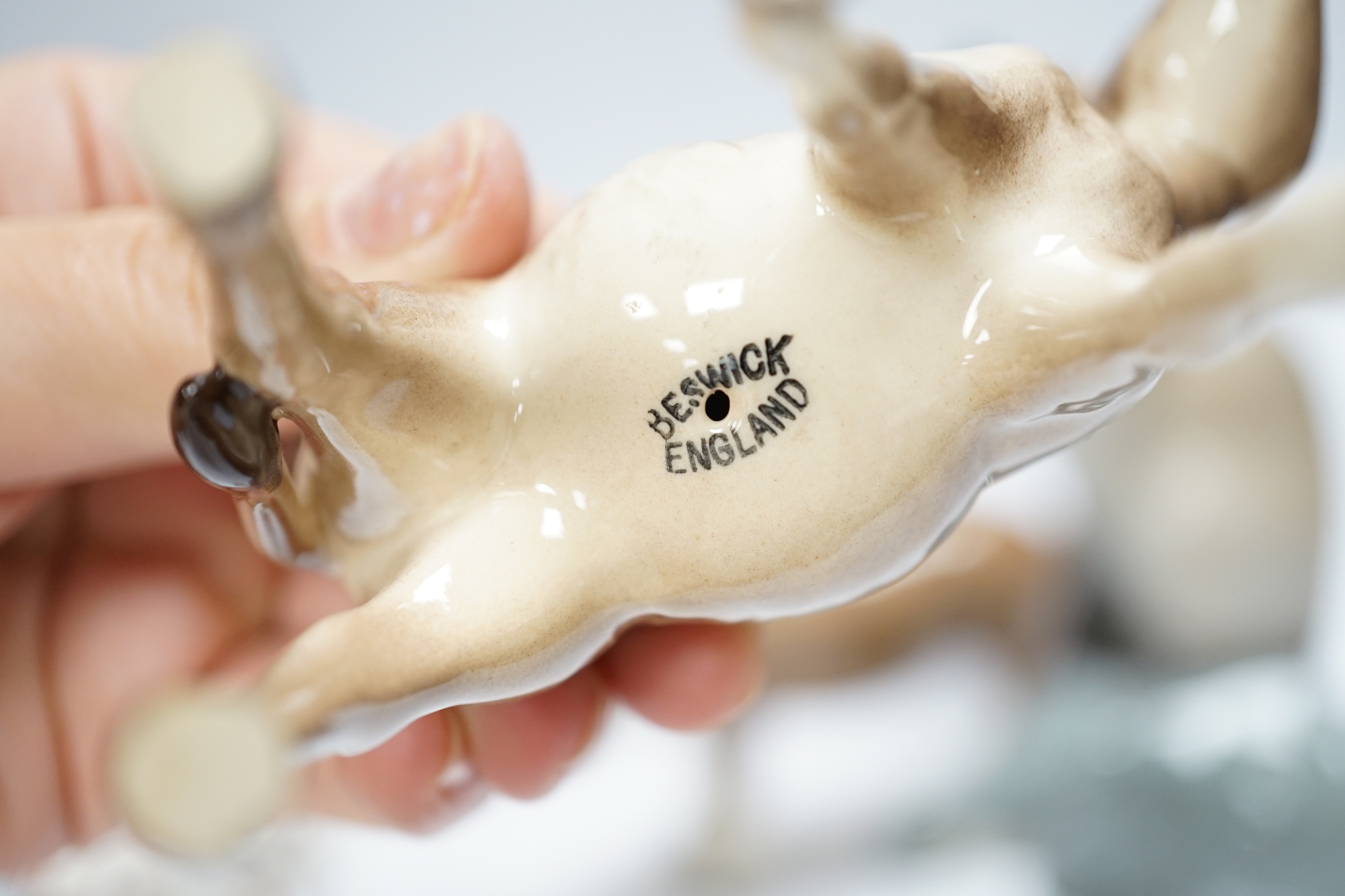 Eight animals including four Beswick, a Szeiler, a Royal Copenhagen, a cast metal cat and a Schierhols and Sohn, tallest 19.5cm